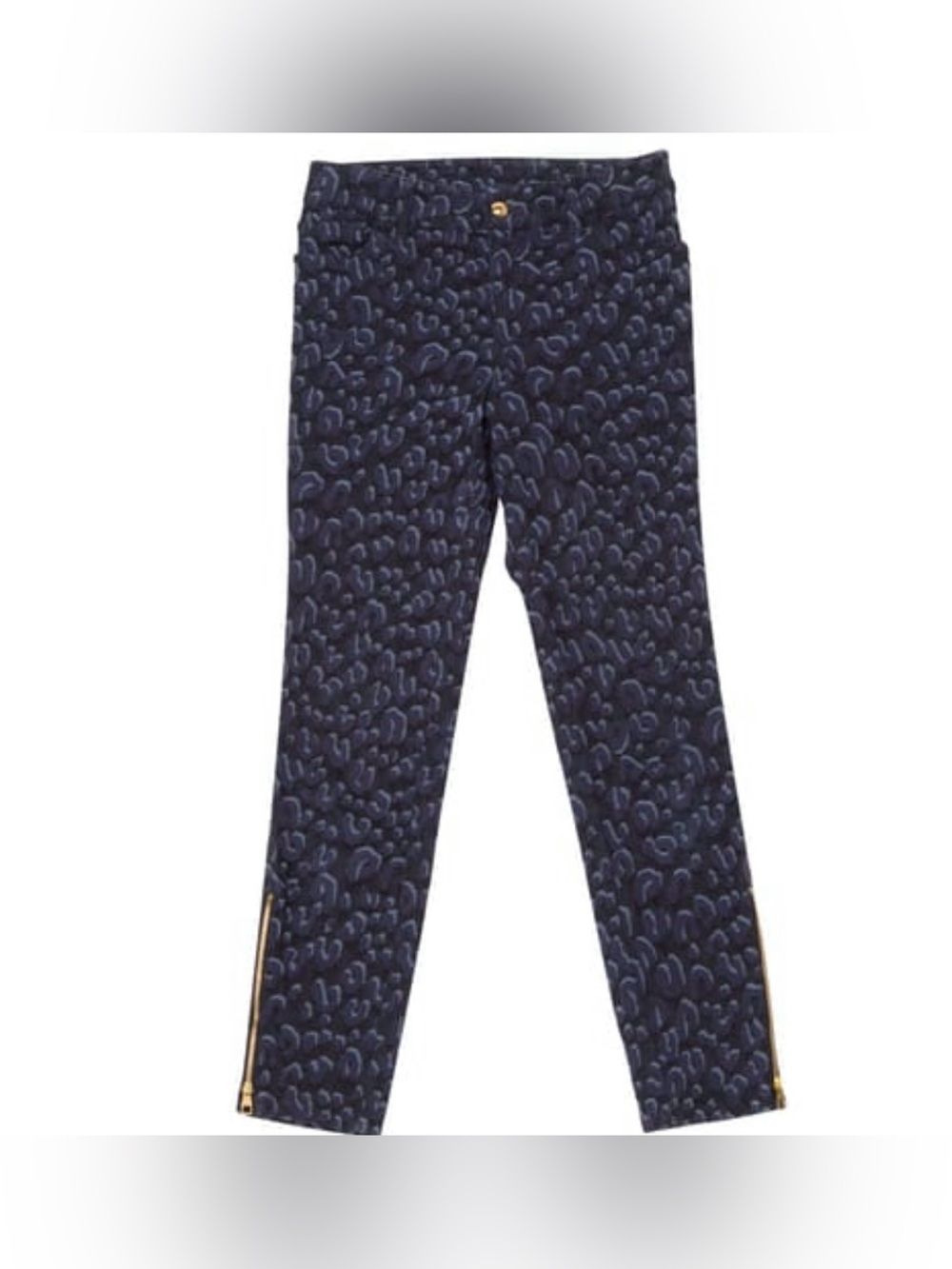 Designer Louis Vuitton Blue Cheetah Exposed Ankle Zipper Denim Skinny Jeans 38